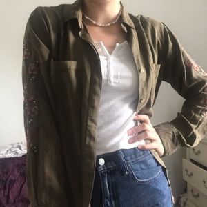 Olive Button Down With Rose Embroidering